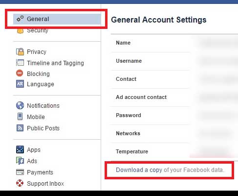 Facebook General Account Settings Then Download Facebook Data