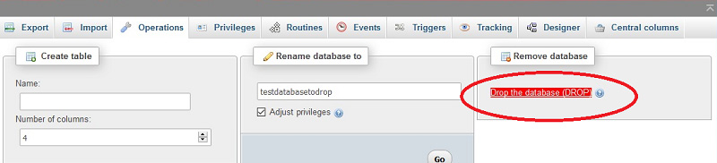 phpmyadmin login homepage drop database